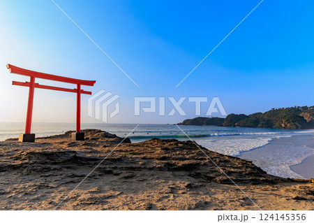 静岡県　下田市　朝の 白浜大浜海水浴場と大明神岩 赤鳥居 124145356