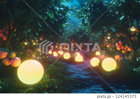 Glowing orbs illuminate a scenic pathway in a mystical forest during twilight 124145375