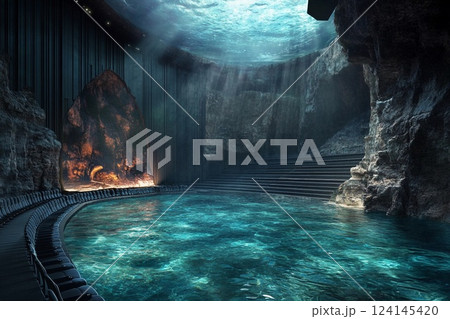 Dramatic theater stage with giant ocean waves crashing in a surreal artistic display 124145420