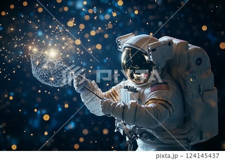 Astronaut explores a galaxy while using a net to catch stars in a cosmic adventure 124145437