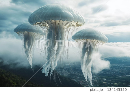 Jellyfish floating among clouds in a surreal sky 124145520