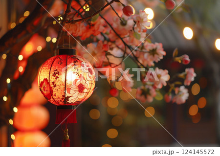 Beautiful holiday composition for happy celebrate chinese festival of lanterns, abstract vivid composition consists of fictional unreal fantastic vision on background 124145572