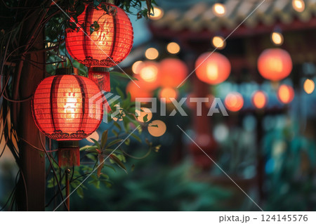 Beautiful holiday composition for happy celebrate chinese festival of lanterns, abstract vivid composition consists of fictional unreal fantastic vision on background 124145576