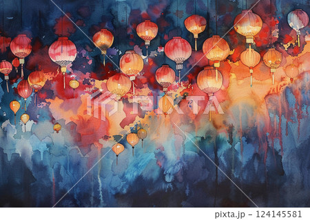 Beautiful holiday composition for happy celebrate chinese festival of lanterns, abstract vivid composition consists of fictional unreal fantastic vision on background 124145581