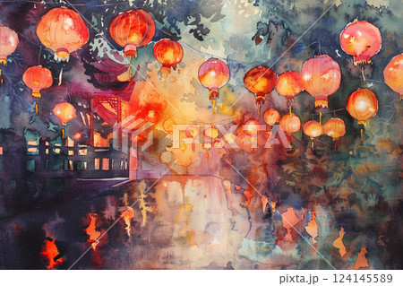 Beautiful holiday composition for happy celebrate chinese festival of lanterns, abstract vivid composition consists of fictional unreal fantastic vision on background 124145589