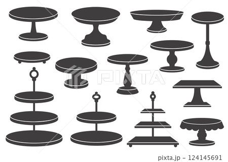 Cake stand silhouettes. Trays and platters for tea and desert serving. Vector flat illustrations on white background. Simple black displays for food and pastry. Birthday and wedding serving decor Cake stand silhouettes. Trays and platters for tea and desert serving. Vector flat illustrations on white background. Simple black displays for food and pastry. Birthday and wedding serving decor 124145691