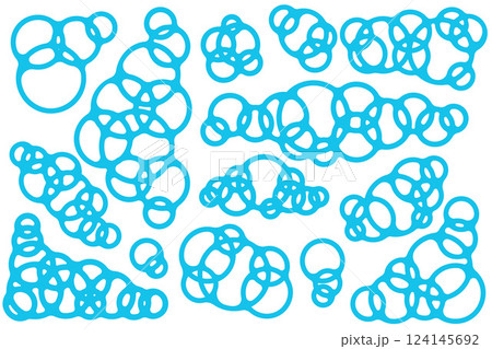 Soap foam cartoon illustration. Blue clouds of bath bubbles of shower gel and shampoo on white background. Piles of liquid suds of detergent for cleaning. Outline set 124145692