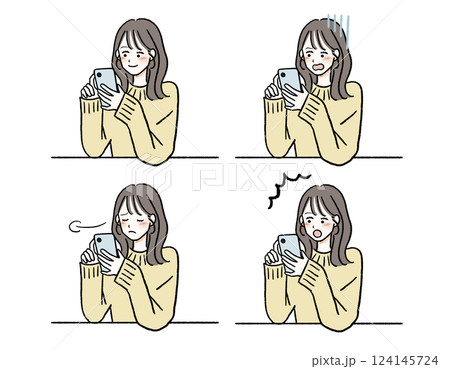 スマホを見る女性・表情セット 124145724