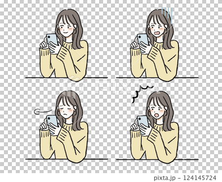 スマホを見る女性・表情セット 124145724