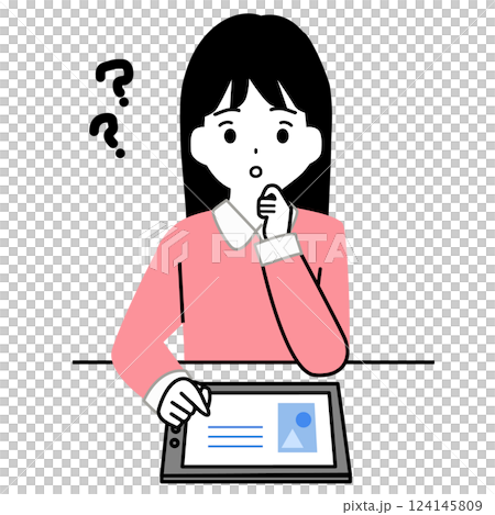 Illustration of a girl who has a question while studying on a tablet 124145809