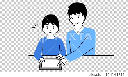 タブレットで勉強する男の子と教える父親のイラスト 124145811
