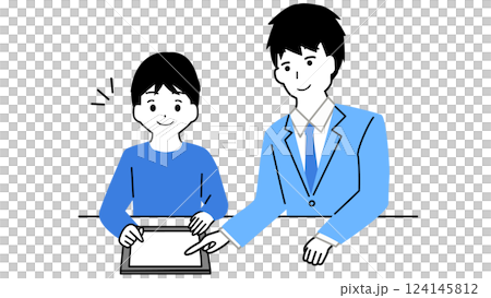 Illustration of a boy studying on a tablet and a male teacher teaching him Illustration of a boy studying on a tablet and a male teacher teaching him 124145812