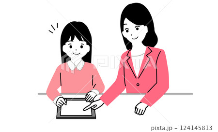 タブレットで勉強する小学生と教える女性教師のイラスト 124145813