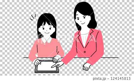 Illustration of an elementary school student studying on a tablet and a female teacher teaching Illustration of an elementary school student studying on a tablet and a female teacher teaching 124145813