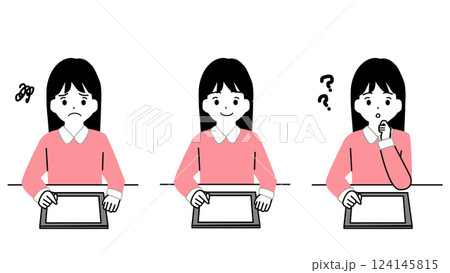 タブレット端末で勉強する女の子の表情セット 124145815