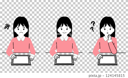 タブレット端末で勉強する女の子の表情セット 124145815