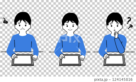 Facial expression set of a boy studying using a tablet device Facial expression set of a boy studying using a tablet device 124145816