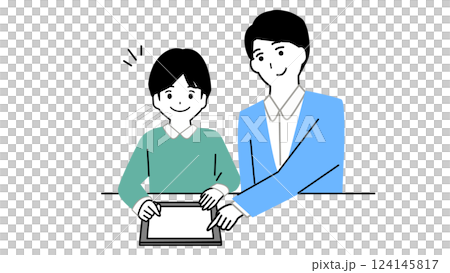 Illustration of a father teaching a boy studying on a tablet 124145817