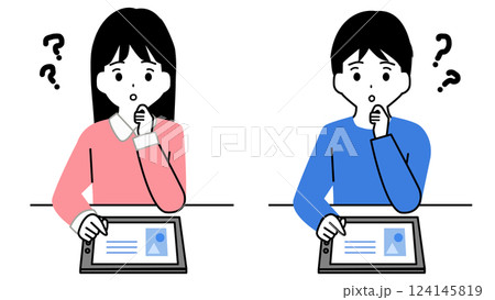 タブレットで勉強中に考える男の子と女の子のイラストセット 124145819