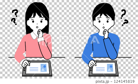 Illustration set of boys and girls thinking while studying on a tablet 124145819