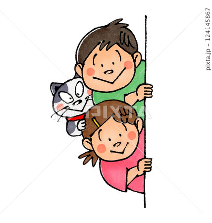 壁から覗く子供と猫 壁から覗く子供と猫 124145867