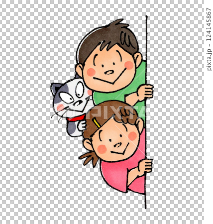 孩子和貓透過牆壁偷看 孩子和貓透過牆壁偷看 124145867