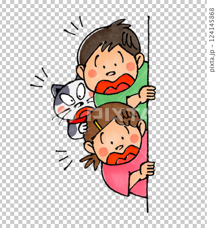 Child and cat peeking through the wall (surprised) 124145868