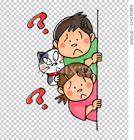 Child and cat peeking through the wall (questionable) 124145869
