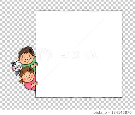 Child and cat peeking through the wall frame 124145870