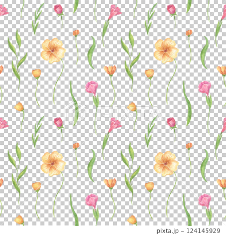 Watercolor seamless floral pattern with delicate summer, spring violets, pink and yellow flowers. Botanical design of meadow grasses for textiles, fabrics and wallpaper in rustic style. 124145929