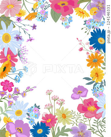 Vector frame with colorful wildflowers. Elegant floral garland with forget-me-nots, chamomile, daisies. Vector frame with colorful wildflowers. Elegant floral garland with forget-me-nots, chamomile, daisies. 124146331