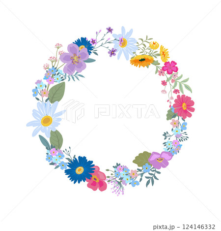 Vector wreath with colorful wildflowers. Elegant floral garland with forget-me-nots, chamomile, daisies. 124146332