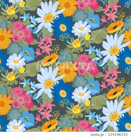 Vector seamless pattern with blooming meadow. Bright endless background with colorful wildflowers forget-me-nots, chamomile, daisies. Vector seamless pattern with blooming meadow. Bright endless background with colorful wildflowers forget-me-nots, chamomile, daisies. 124146335