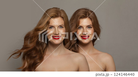 Attractive young model woman and mature woman. Two female faces collage set. Attractive young model woman and mature woman. Two female faces collage set. 124146440