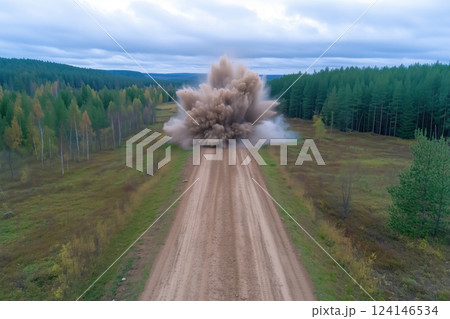 Aerial view of explosion on a dirt road in the middle of the forest. 124146534