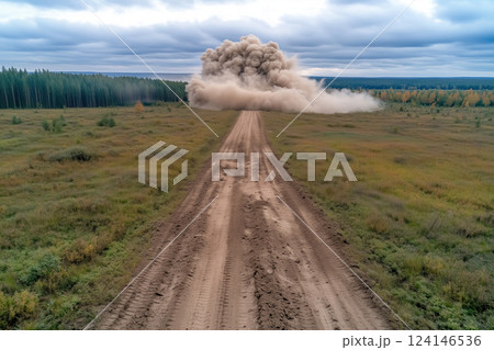 Aerial view of a forest road with a large explosion 124146536