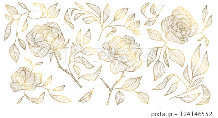 Vector set of gold line japanese, chinese flowers illustrations. Roses vintage elegant art, wedding ornament, asian botanical graphic. 124146552