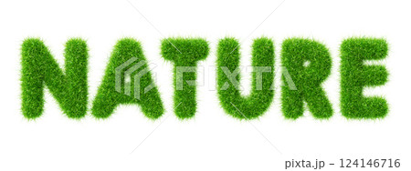 3d word nature of green grass letters. Render herb uppercase font. Fresh summer or spring text with plant texture. Eco type effect, floral organic elements, environment and ecology. 3D illustration 124146716