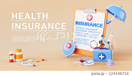 Health insurance 3d banner. Render cartoon poster of clipboard with policy document, shield with cross, umbrella, first aid kit with medicines. Medical protection for life guarantee. 3D illustration 124146718