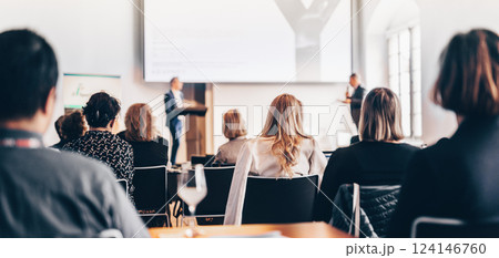 Interview and round table discussion at business convention and presentation. Audience at the conference hall. Business and entrepreneurship symposium. 124146760