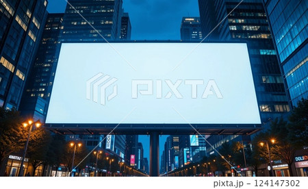 Blank Illuminated Billboard in Modern City at Night with Skyscrapers | Urban Advertising Mockup. 124147302
