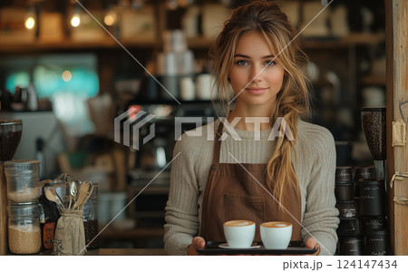 a woman managing a small coffee shop in a rural community, standing behind the counter with a tray of coffee cups, surrounded by rustic decor and warm lighting 124147434