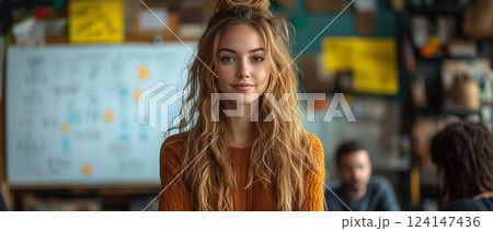 a woman presenting her business idea on a whiteboard in a small workshop, surrounded by local entrepreneurs taking notes, bright indoor lighting with room on the right for promotional text 124147436