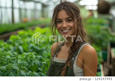 a woman supervising farmworkers in a greenhouse, explaining planting techniques, surrounded by rows of vibrant green plants and warm natural light streaming through the glass 124147443