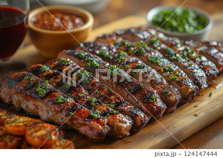 an Argentine asado, with a variety of grilled meats like chorizo and ribs, served on a rustic wooden board, surrounded by chimichurri sauce and a glass of red wine, under warm daylight 124147444