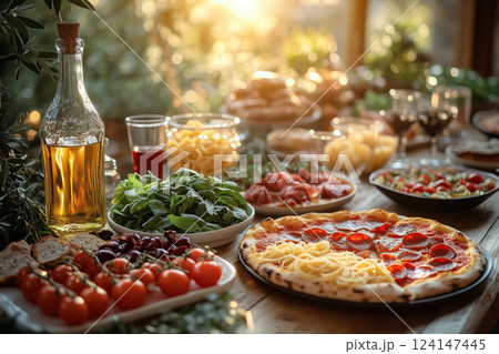 an Italian family-style dinner, with platters of pasta, freshly baked pizza, antipasti, and a bottle of olive oil, served on a long wooden table with warm daylight 124147445