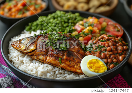 Ghanaian waakye , rice and beans, served with fried fish, boiled eggs, and shito, spicy sauce, accompanied by colorful side dishes, with vibrant fabrics in the background 124147447