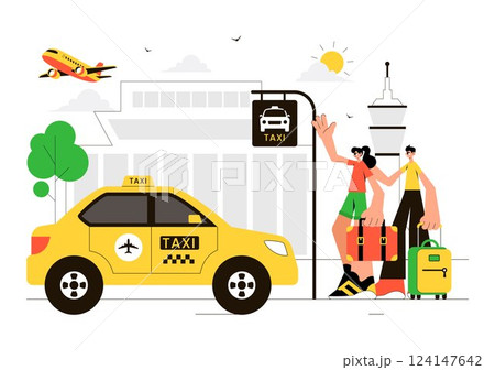 Airport Taxi Service Vector Illustration Showing Passenger Transfer with Luggage from the Airport to Destination in a Flat Style Cartoon Background 124147642