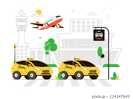 Airport Taxi Service Vector Illustration Showing Passenger Transfer with Luggage from the Airport to Destination in a Flat Style Cartoon Background 124147645