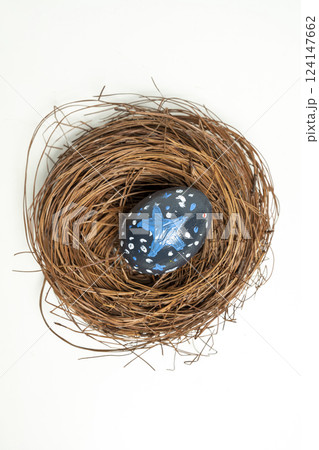 Top view of nest filled with colorful decorated easter egg. Concept of celebrating the easter holiday 124147662